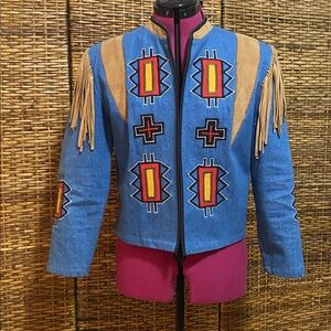 NWOT Vintage ROJO denim Indian embroidered fringe denim boho cropped jacket S